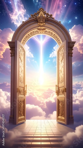 A majestic golden doorway opens to a luminous, ethereal sky filled with pastel clouds and radiating light. The scene exudes hope and divinity