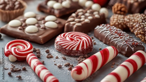 A delightful assortment of festive holiday candies and chocolate treats, featuring peppermint swirls and rich baked goods arranged on a surface