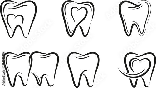 Dental clinic logo set and creative tooth silhouette collection featuring heart shapes for pediatric dentistry branding, oral healthcare identity, and professional dentist vector design.