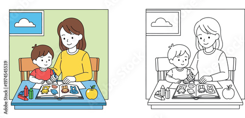Mother and Son Studying and Coloring Together Illustration with Coloring Book Page Vector, Home Education and Creative Activity for Kids, Mom Helping Child with Drawing at Desk