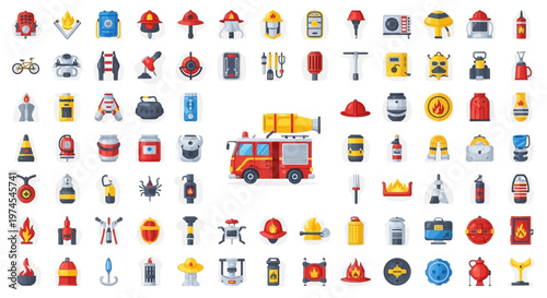 Firefighter Equipment and Icons Collection: Truck, Helmet, Axe, Hose, Fire Hydrant, Safety Gear