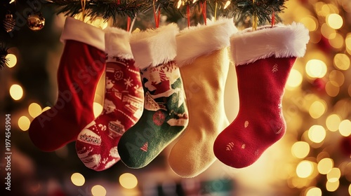 Christmas tradition of family hanging festive stockings with cozy soft lighting and bokeh background