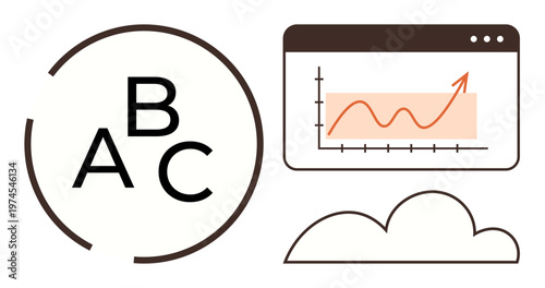 Education tools, analytics, data growth, cloud storage, performance tracking, business concepts. rising chart, alphabetical symbols and cloud. Analytics and education tools concept