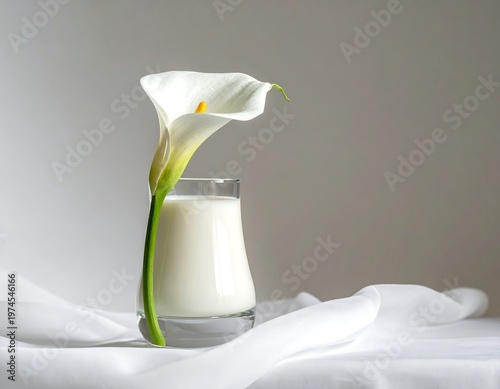 A pristine white calla lily leans gracefully against a glass filled with a creamy liquid, resting on flowing, white fabric