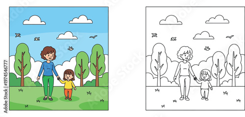 Foto Mother and Daughter Walking in the Park Holding Hands Illustration and Coloring