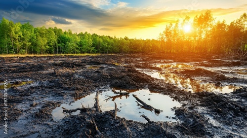Devastated Forest Landscape with Polluted Soil and Muddy Puddles Reflecting Sunset Sky