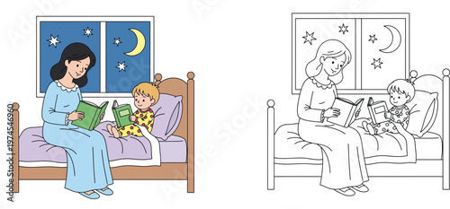 Mother Reading Bedtime Story to Child with Coloring Book Page Vector, Mom and Son Reading Books in Bed at Night Illustration, Bedtime Routine and Parenting Support Concept