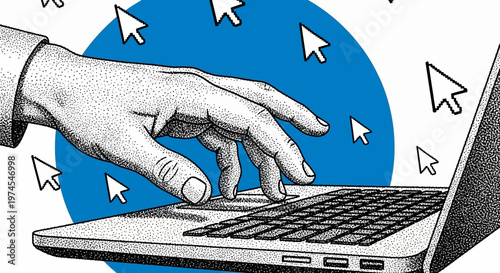 hand interacting with laptop cursor icons.