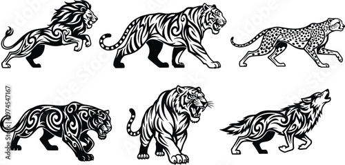 Wild Animal Silhouette Set with Lion, Tiger, Leopard and Wolf in Tribal Style, Decorative Predator Vector Illustration Collection for Tattoo, Logo and Graphic Design
