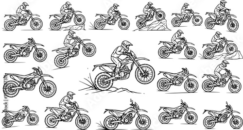 Motorcycle Sports Dirt Bikes and Riders Line Art Collection. Hand-drawn Black and White Off-road Motorcycling Vector Illustrations.