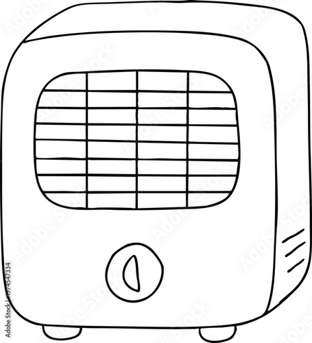 Small electric heater and dehumidifier home appliance for winter heating and moisture control line art outline illustration