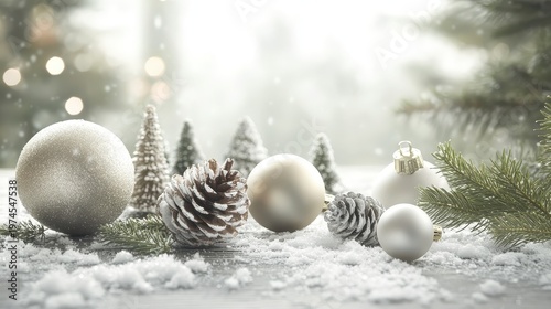 Festive Christmas ornaments and pinecones arranged on a snow-dusted table, evoking a winter wonderland atmosphere