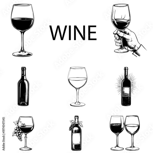 Black and white vector set of wine bottles, wine glasses, and drink illustrations isolated on a white background. Ideal for engraving, prints, tattoo design, sublimation, DIY projects