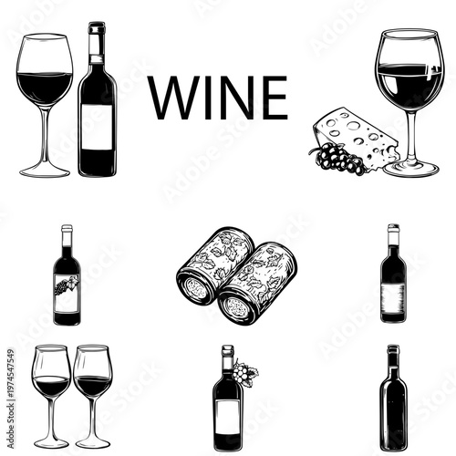 Black and white vector set of wine bottles, wine glasses, and drink illustrations isolated on a white background. Ideal for engraving, prints, tattoo design, sublimation, DIY projects