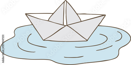 White paper boat floating on a water puddle childhood nostalgia and rainy day conceptual illustration