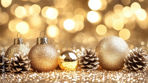 Festive Gold Christmas Ornaments and Pinecone Display with Glitter and Warm Bokeh Lights