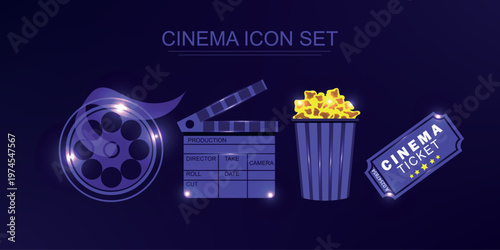 Cinema icon set. Popcorn box package big movie reel. Open clapper board. Ticket Admit one