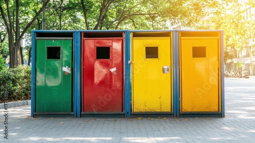 Colorful waste recycling bins lined up on a city street for efficient waste management and sorting