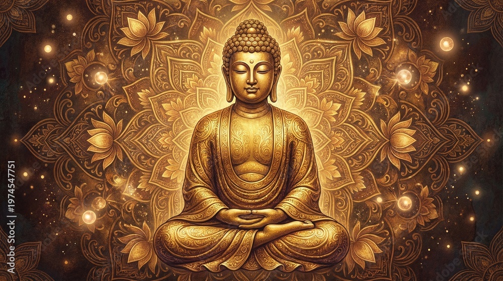 Fototapeta premium Buddha Statue Sitting Against Golden Background