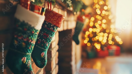 Festive Christmas stockings filled with wrapped gifts hanging by a warm, glowing fireplace with blurred holiday lights in the background