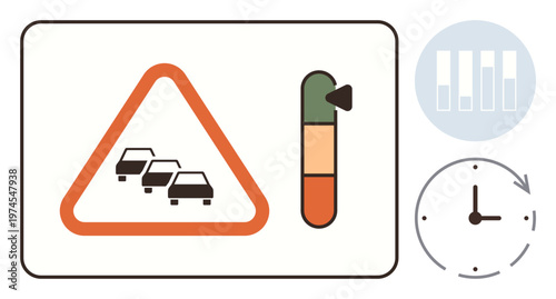 Traffic management, road safety, urban planning, commute timing, congestion, transportation strategy. Warning sign with cars, congestion meter and clock. Traffic management and road safety concepts