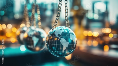Gleaming globes suspended by chains, representing international trade and global finance with sleek design and bright lighting