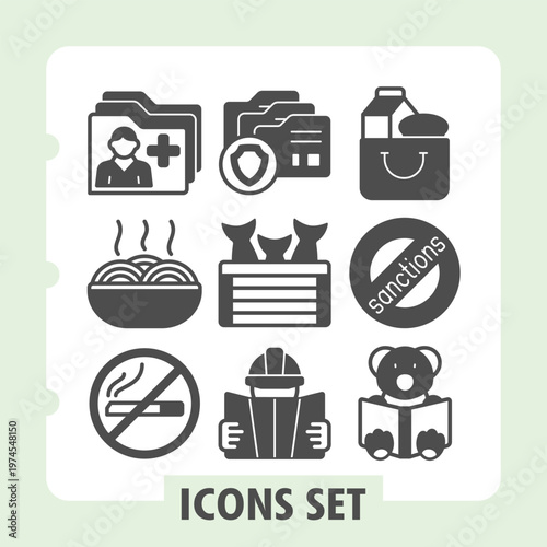 Patient folder, noodles bowl, no smoking icons, collection illustrating concepts such as data management, food acquisition, prohibitions and education. Set of nine glyph icons on white background.