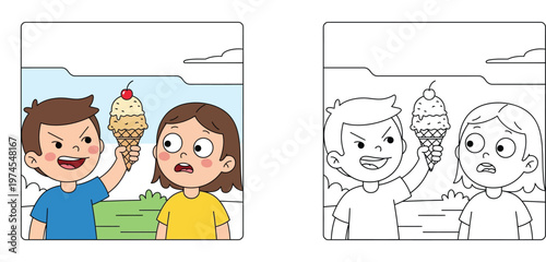 Boy Teasing Girl with Ice Cream Cone Illustration with Coloring Book Page Vector, Sibling Rivalry and Jealousy Concept, Summer Treats and Social Interaction for Kids