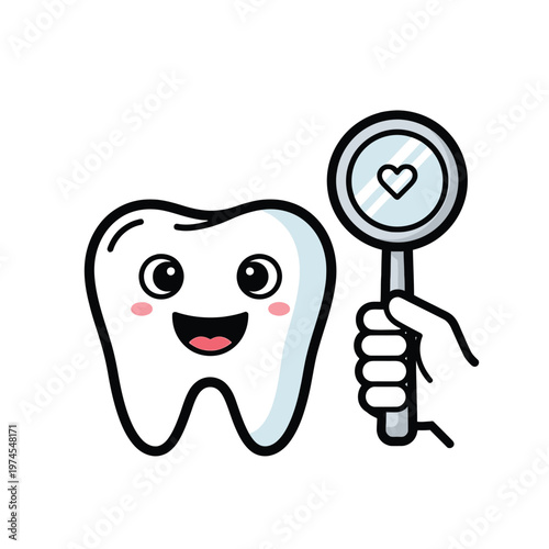 Smiling cartoon tooth with magnifying heart.