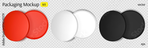 Round gift box mockup with shadow. White and red empty package top view. Black circular product container realistic. Present display for snack or jewelry aerial background. Small blank sample