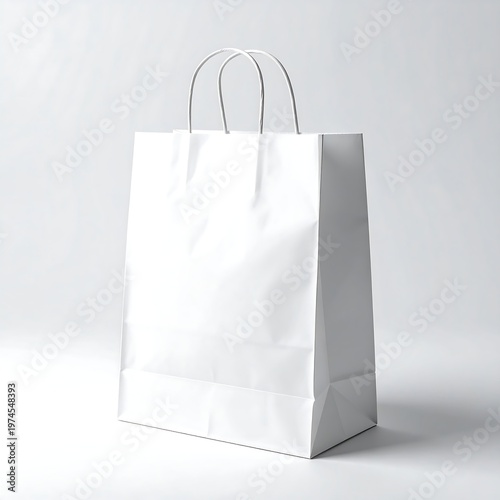 A pristine white paper shopping bag stands against a bright background, featuring soft shadows and simple handles