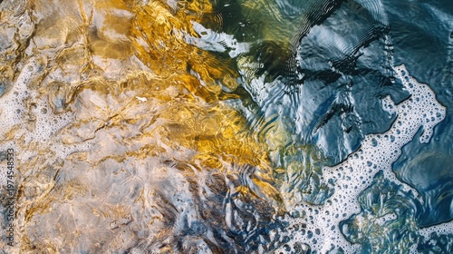 Golden and Blue Water Surfaces Reflecting Light with Dynamic Textures and Flowing Motion