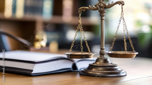 Elegant Brass Scales of Justice resting beside an open book on a wooden surface, symbolizing legal consultation and jurisprudence.