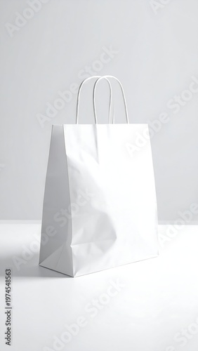 A pristine white paper shopping bag stands against a bright background. Its handles are visible, casting subtle shadows on the surface