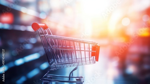 Empty metal shopping cart with red accents in a brightly lit, blurred commercial environment