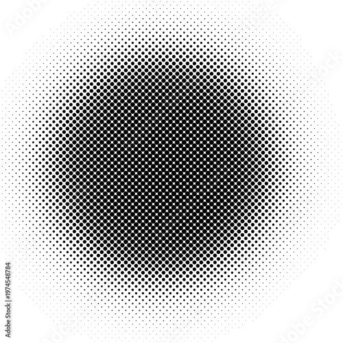 Black and White Circular Halftone Dot Pattern with Radial Gradient Effect on White Background for Graphic Design, Print, and Retro Pop Art Texture