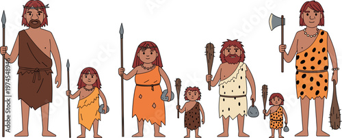Prehistoric caveman family characters with stone age tools primitive people cartoon vector illustration set