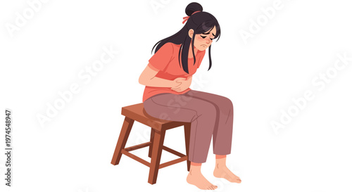 A young woman experiencing a painful stomach ache or menstrual cramps, a sad vector illustration of discomfort and illness.