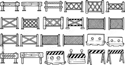 Construction and Road Safety Barriers Line Art Set. Hand Drawn Fences, Guardrails, Traffic Barricades, and Concrete Blocks in Black and White Doodle Style.