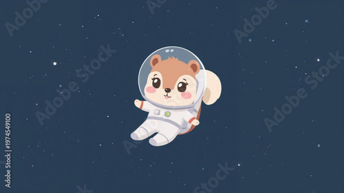 A cute cartoon squirrel  in a white astronaut suit floating in space
