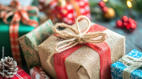 Festive Christmas Gifts Wrapped in Rustic Burlap and Red Ribbon with Jute Bows, Celebrating the Holiday Season