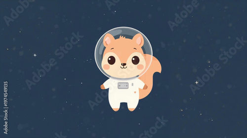 A cute cartoon squirrel  in a white astronaut suit floating in space