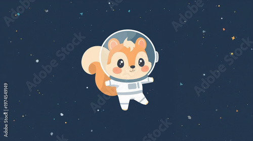A cute cartoon squirrel  in a white astronaut suit floating in space