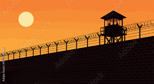 Prison watchtower and barbed wire fence silhouette vector sunset security surveillance illustration
