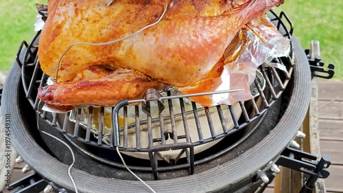 Large turkey roasting in kamado grill with temperature probes inserted, BBQ cooking process, outdoor grilling, meat preparation, thermometer control. 4K video footage of grilling process