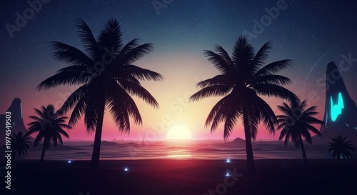 Sunset beach scene with palm trees and a gradient sky