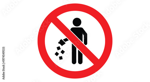 Minimalist vector graphic design showing a red circular prohibition sign for people littering trash in public areas