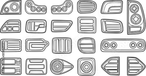 Automotive Vehicle Parts Line Art Icons - Headlights, Taillights, Grilles, and Vents in Black and White Outline Style