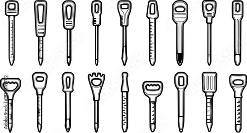Cocktail Barware Stirrers and Muddlers Collection. Diverse Swizzle Sticks and Drink Mixers in Black and White Outline Vector Line Art Style.