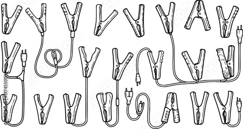 Black and White Line Art of Various Alligator Clips and Cables for Automotive Industry